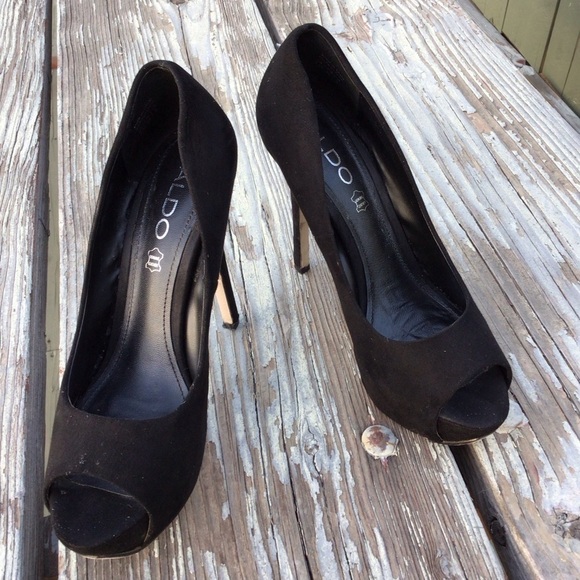 Aldo Black Suede Peep Toe Platf  Stiletto Heels - Picture 2 of 10